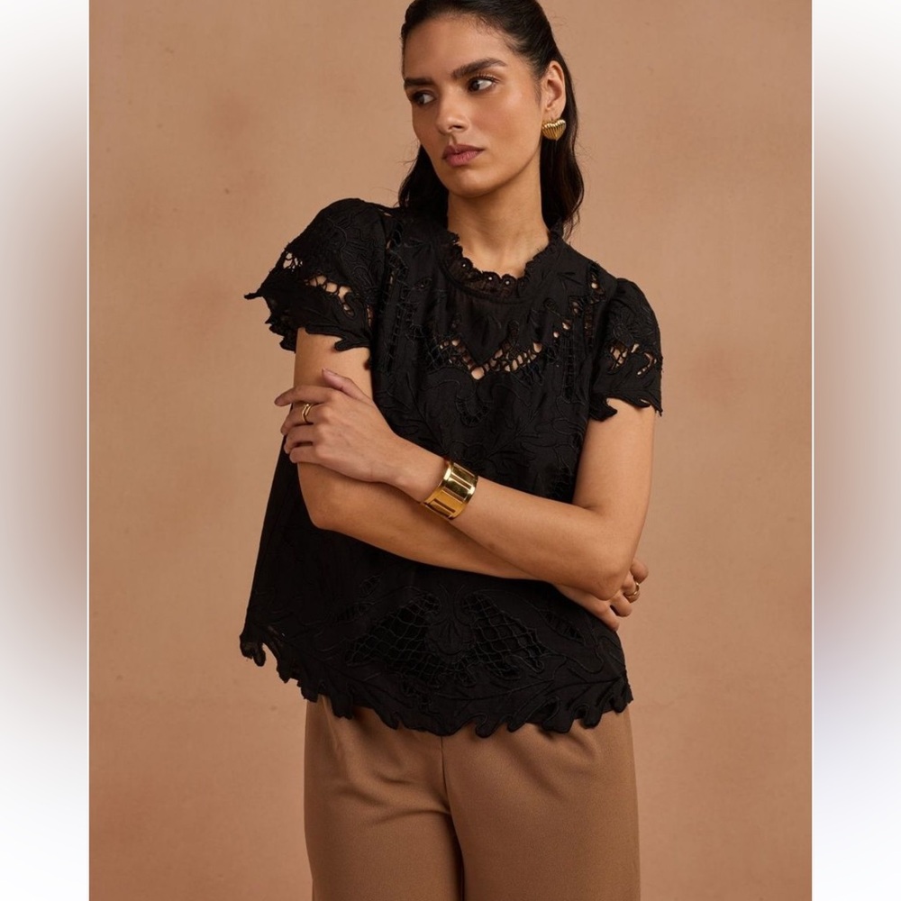 Sundance Ayre Lace Blouse Top Black Cutout Floral Ruffle Cotton Short Sleeve LG - Picture 4 of 13